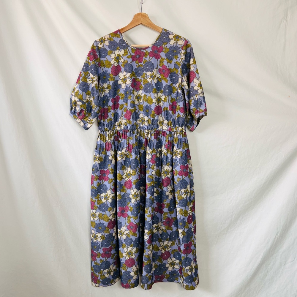 YMC London Floral Midi Smock Dress Size S 70s Mod Blue Pink Cotton Garden - Picture 7 of 16